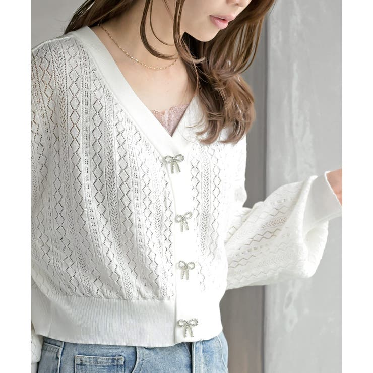 リボンボタン透かし編みニットカーディガン | rps | 詳細画像6 