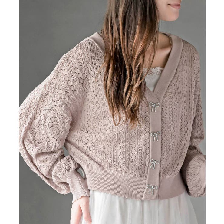 Pベージュ | リボンボタン透かし編みニットカーディガン | rps