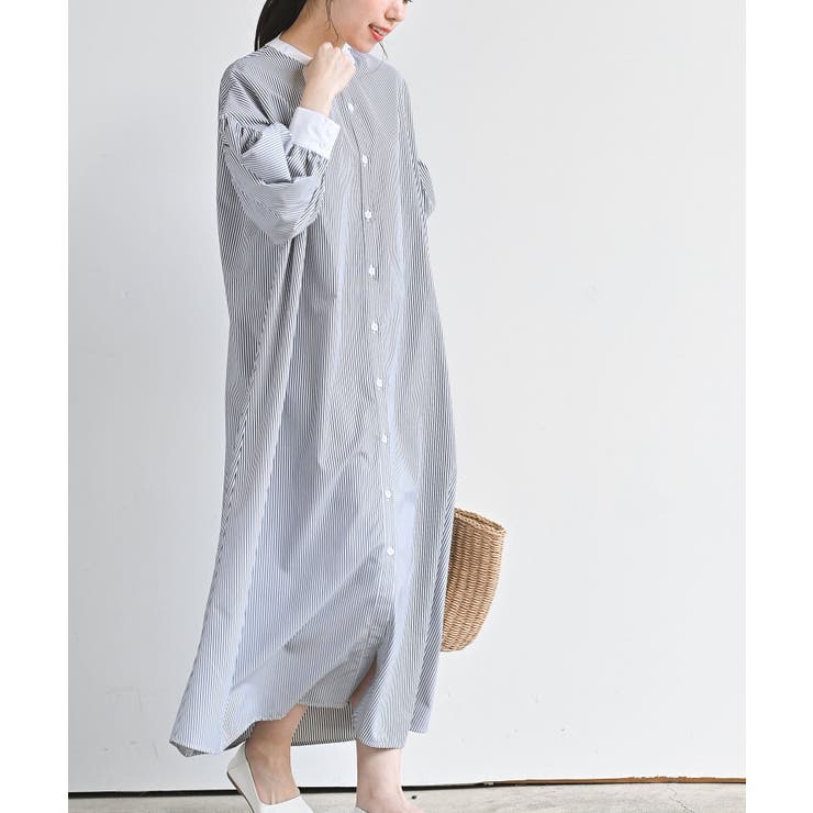 バンドカラーストライプクレリックシャツワンピース[品番