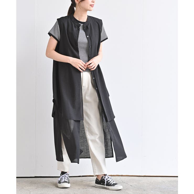 バンドカラーレイヤー風ノースリーブワンピース[品番