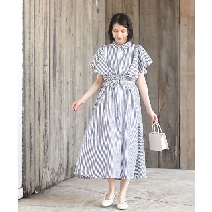 フレアースリーブストライプシャツワンピース[品番：RPSW0003908]｜rps