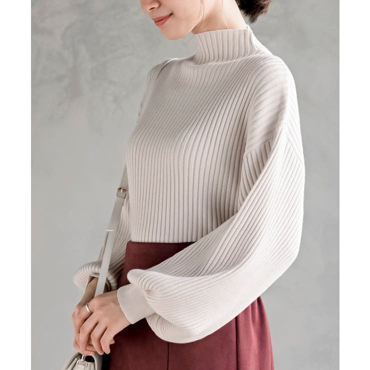 アイボリー | ボリューム袖ボトルネックリブニットプルオーバー | rps