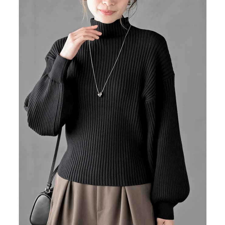 ブラック | ボリューム袖ボトルネックリブニットプルオーバー | rps