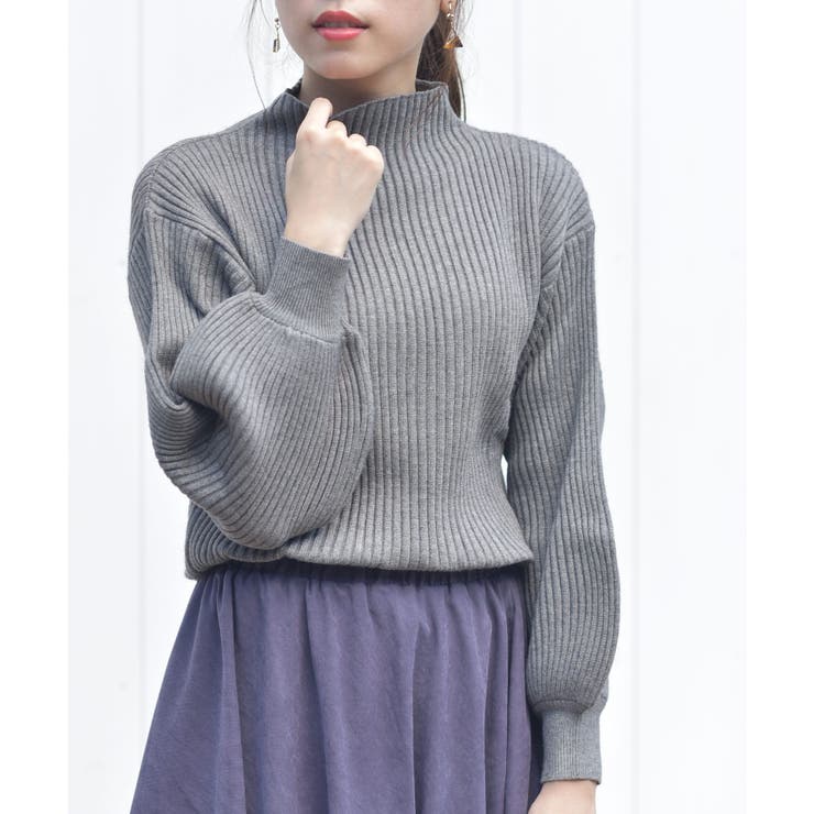 杢グレー | ボリューム袖ボトルネックリブニットプルオーバー | rps