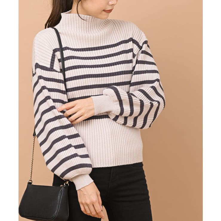 Lベージュ | ボリューム袖ボトルネックリブニットプルオーバー | rps