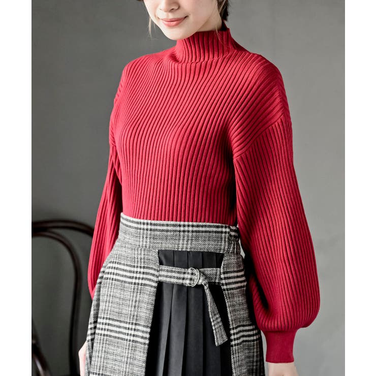 レッド | ボリューム袖ボトルネックリブニットプルオーバー | rps