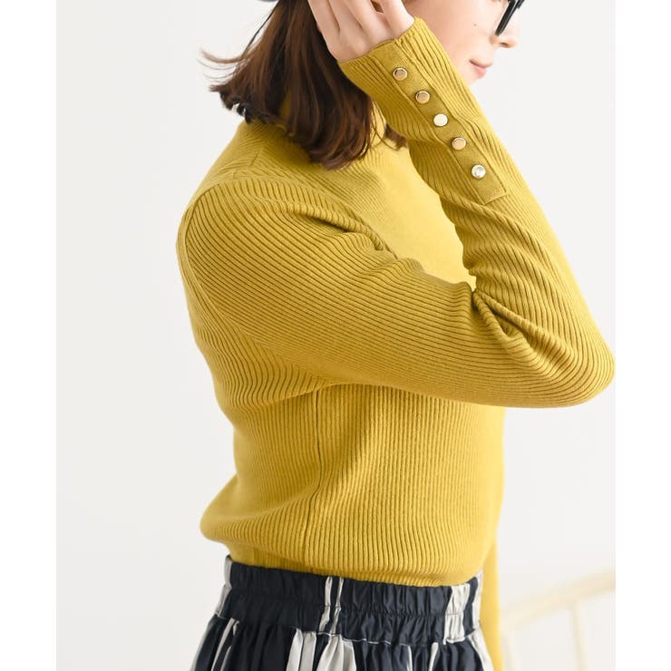 イエロー | 袖口ボタンタートルリブニットプルオーバー | rps