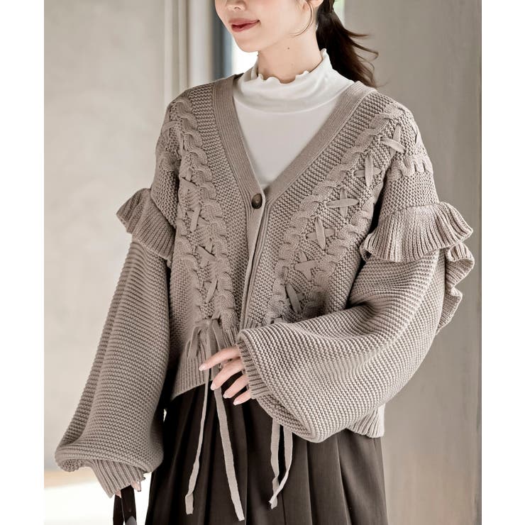 グレージュ | サイドレースアップケーブルフリルニットカーディガン | rps