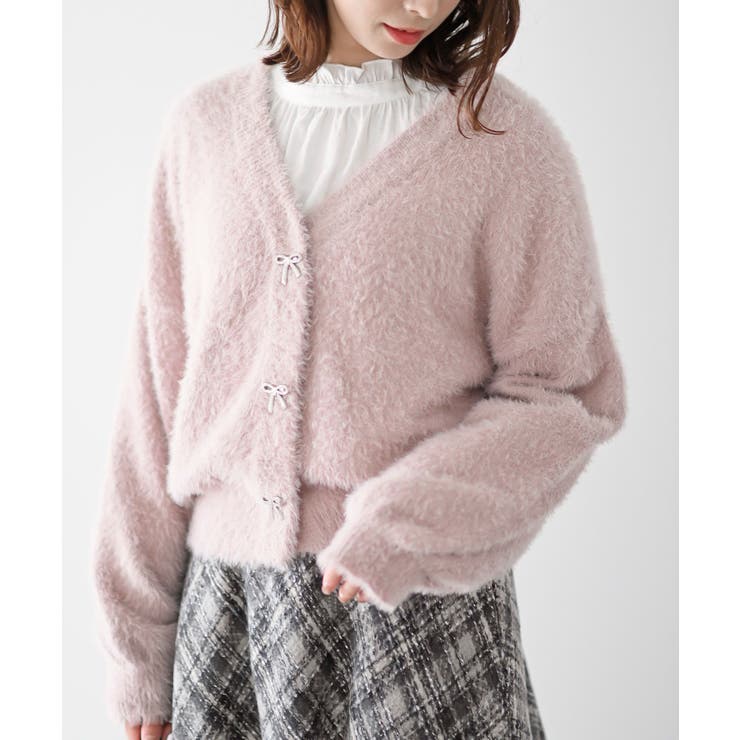 ピンク | リボンボタンフェザーＶネックカーディガン | rps