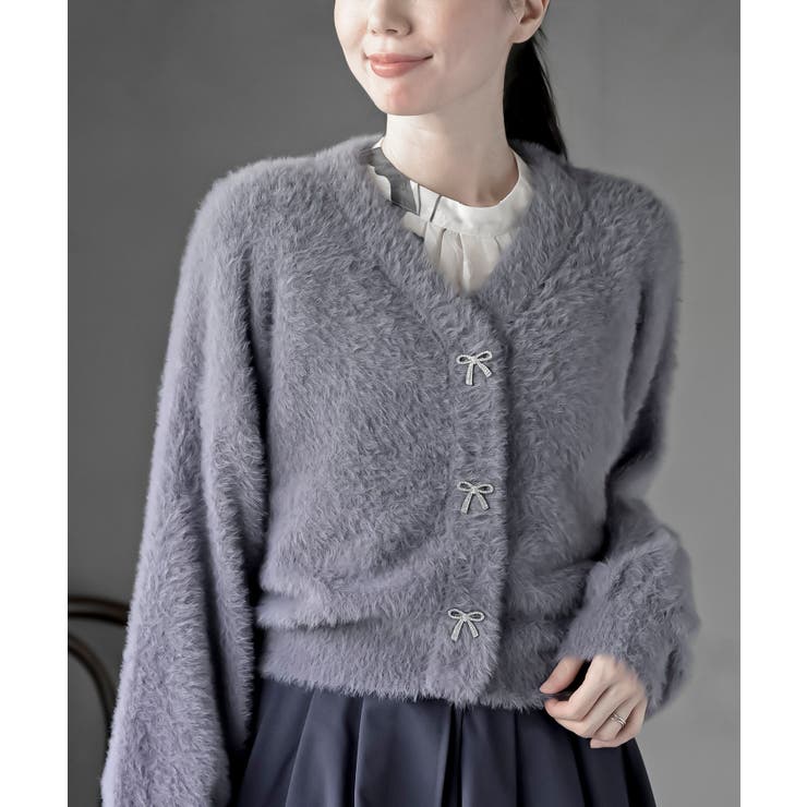 パープル | リボンボタンフェザーＶネックカーディガン | rps