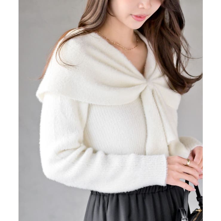 アイボリー | リボンモチーフラメフェザーニットプルオーバー | rps