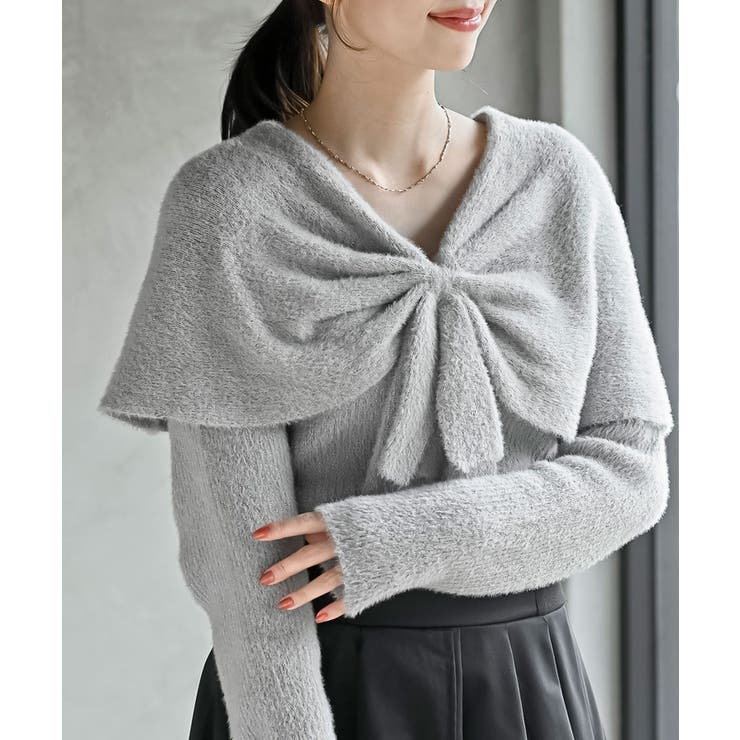 グレー | リボンモチーフラメフェザーニットプルオーバー | rps