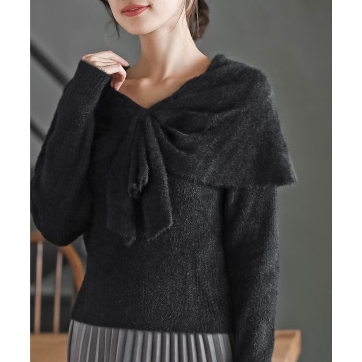 ブラック | リボンモチーフラメフェザーニットプルオーバー | rps