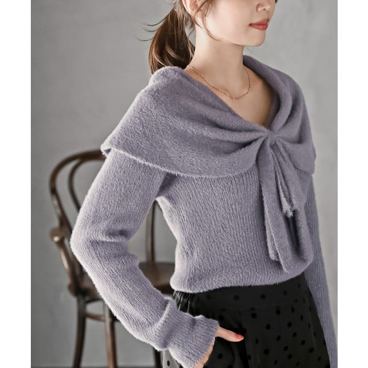 パープル | リボンモチーフラメフェザーニットプルオーバー | rps