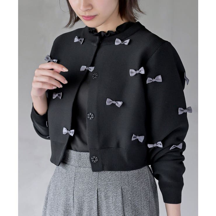 エムズミニリボン付ニット(黒) リボン付ショート丈ニットカーディガン[品番：RPSW0003098]｜rps