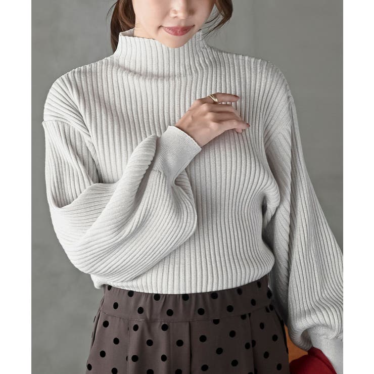 アイボリー | ボリューム袖ボトルネックラメリブニットプルオーバー | rps