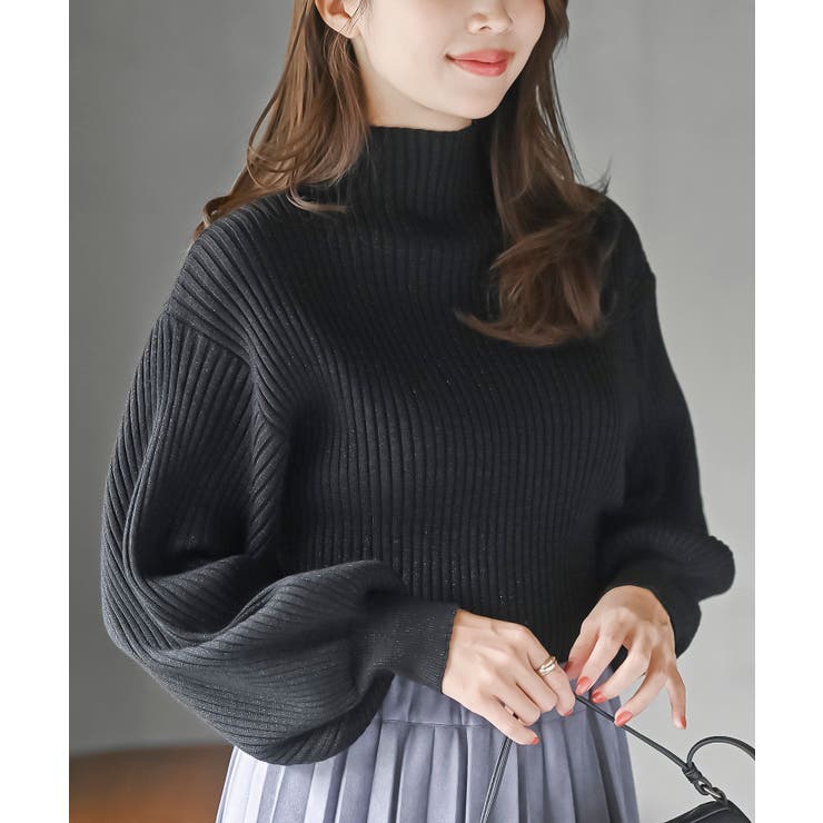 ブラック | ボリューム袖ボトルネックラメリブニットプルオーバー | rps