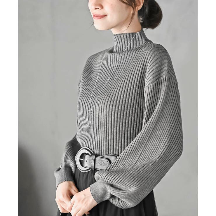 杢グレー | ボリューム袖ボトルネックラメリブニットプルオーバー | rps