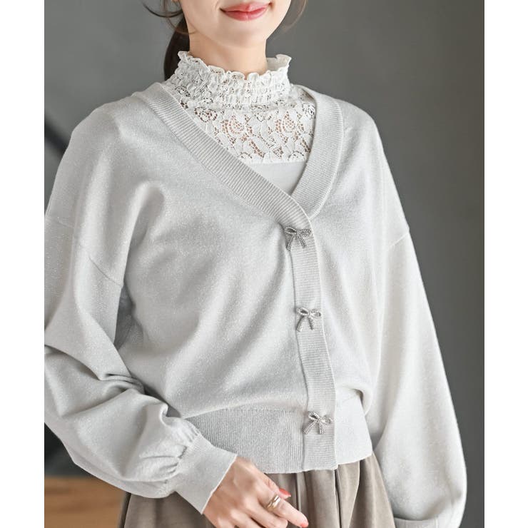 リボンボタンボリューム袖ラメニットＶカーディガン | rps | 詳細画像1 