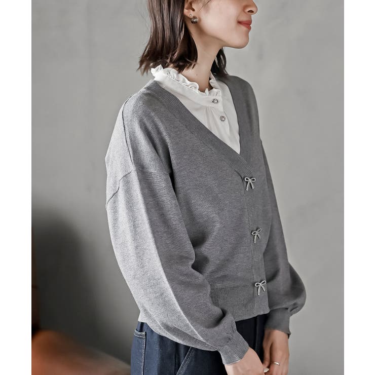 リボンボタンボリューム袖ラメニットＶカーディガン | rps | 詳細画像26 