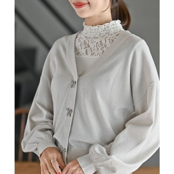 リボンボタンボリューム袖ラメニットＶカーディガン | rps | 詳細画像6 