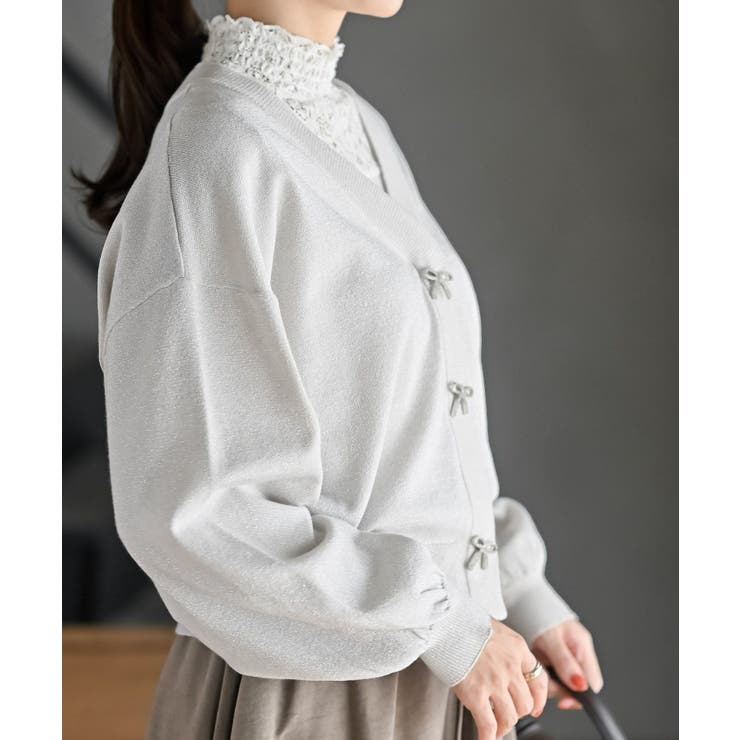 リボンボタンボリューム袖ラメニットＶカーディガン | rps | 詳細画像7 