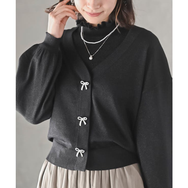 ブラック | リボンボタンボリューム袖ラメニットＶカーディガン | rps