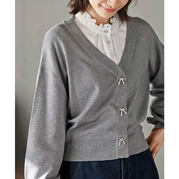 杢グレー | リボンボタンボリューム袖ラメニットＶカーディガン | rps