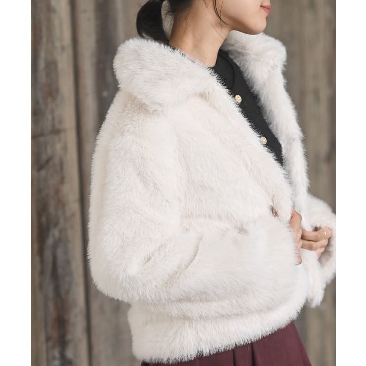 アイボリー | 襟付きフェイクファーショートジャケット | rps