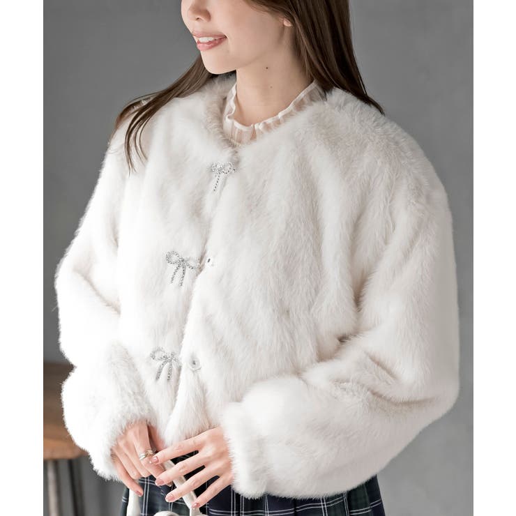 アイボリー | リボン釦フェイクファージャケット | rps