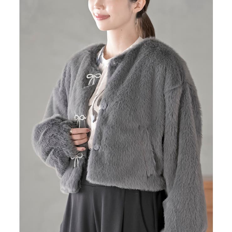 CHACグレー | リボン釦フェイクファージャケット | rps