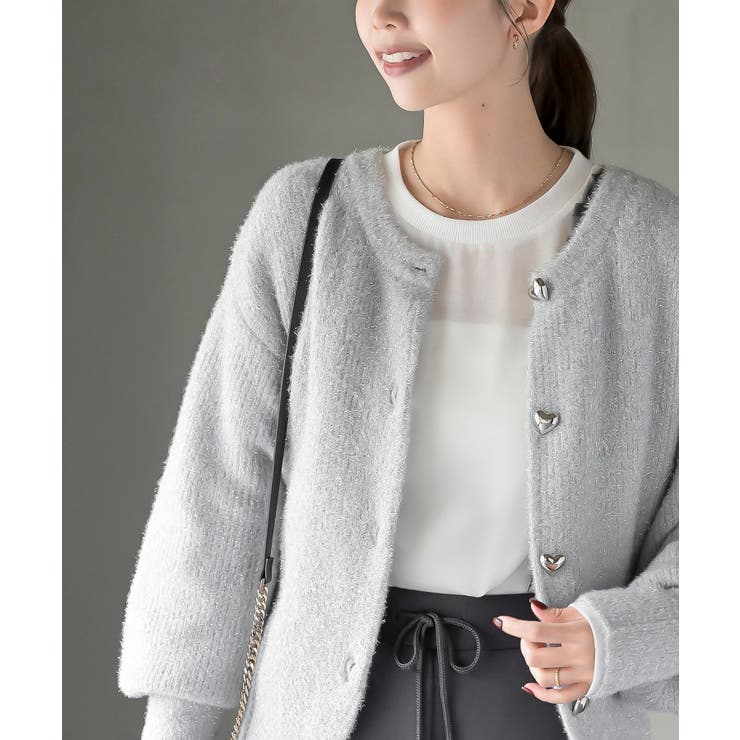 ハートボタンラメフェザークルーネックカーディガン[品番：RPSW0003246