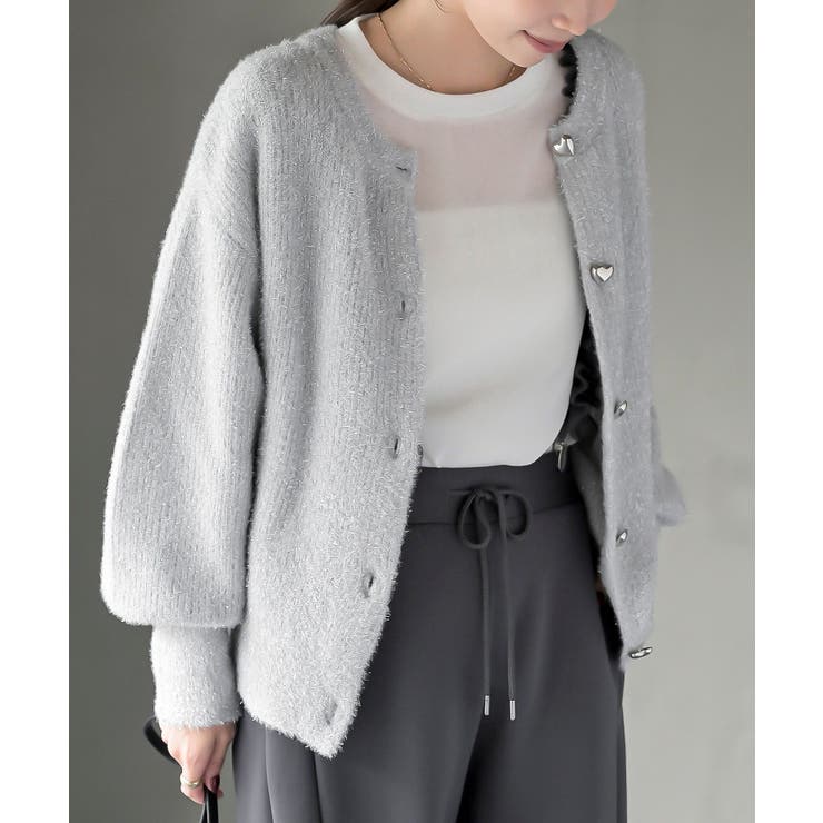 ライトグレー | ハートボタンラメフェザークルーネックカーディガン | rps