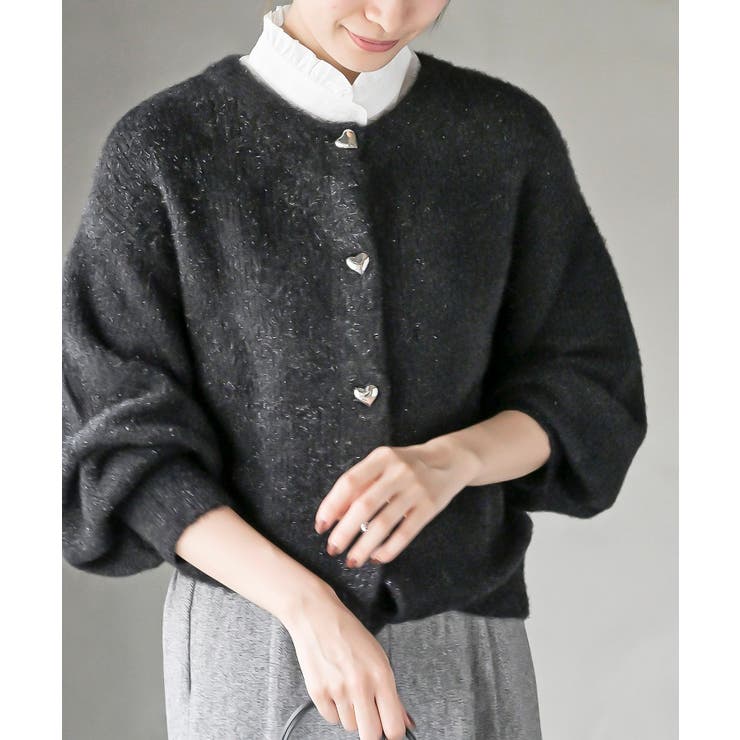 ハートボタンラメフェザークルーネックカーディガン[品番：RPSW0003246