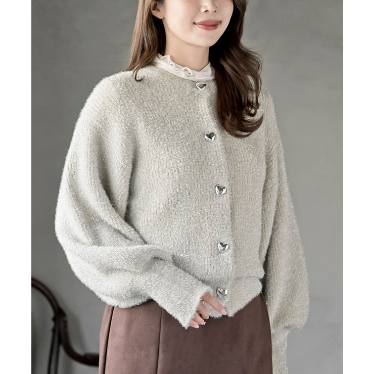 ベージュ | ハートボタンラメフェザークルーネックカーディガン | rps
