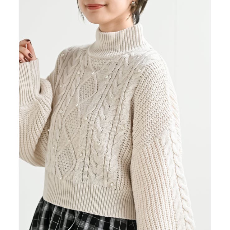 アイボリー | パール付きハイネックケーブルニットプルオーバー | rps