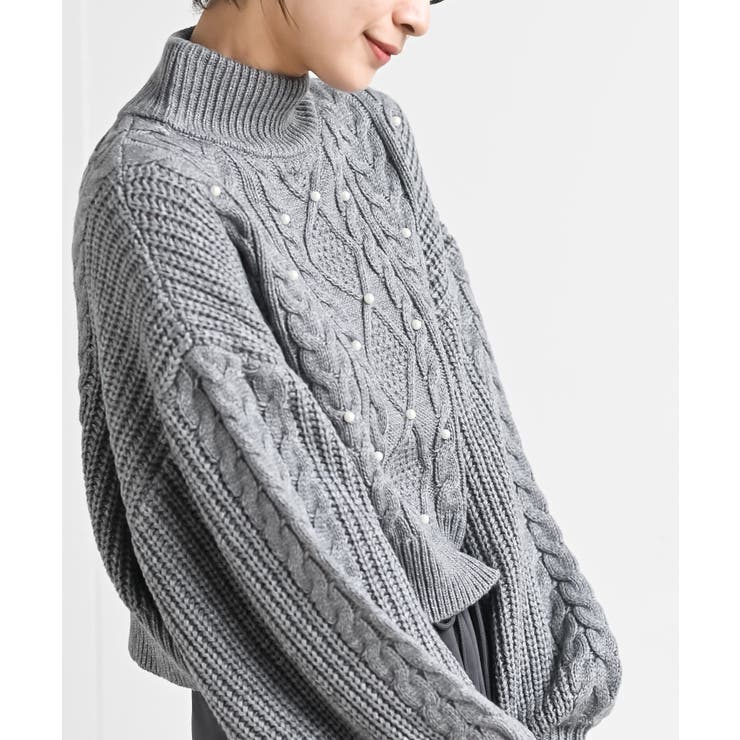 杢グレー | パール付きハイネックケーブルニットプルオーバー | rps