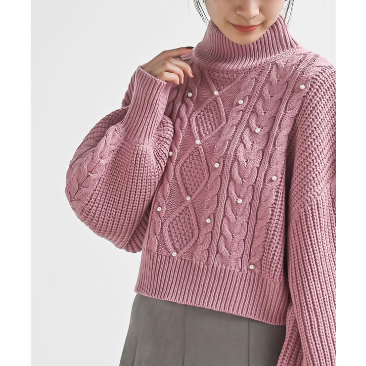 ピンク | パール付きハイネックケーブルニットプルオーバー | rps