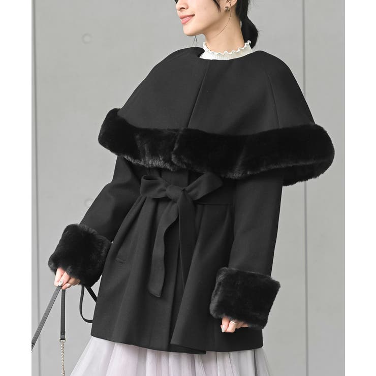 ブラック | フェイクファーケープ付きコート | rps