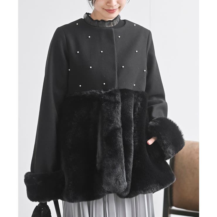 ブラック | 異素材切替パール付きフェイクファーコート | rps