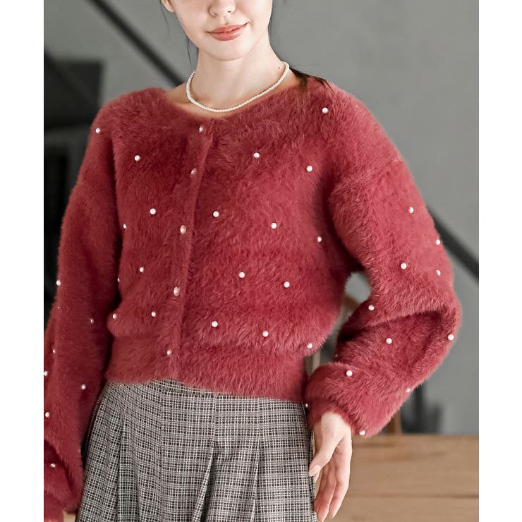 プープレ クルーネック カーディガン パールボタン ラクーン