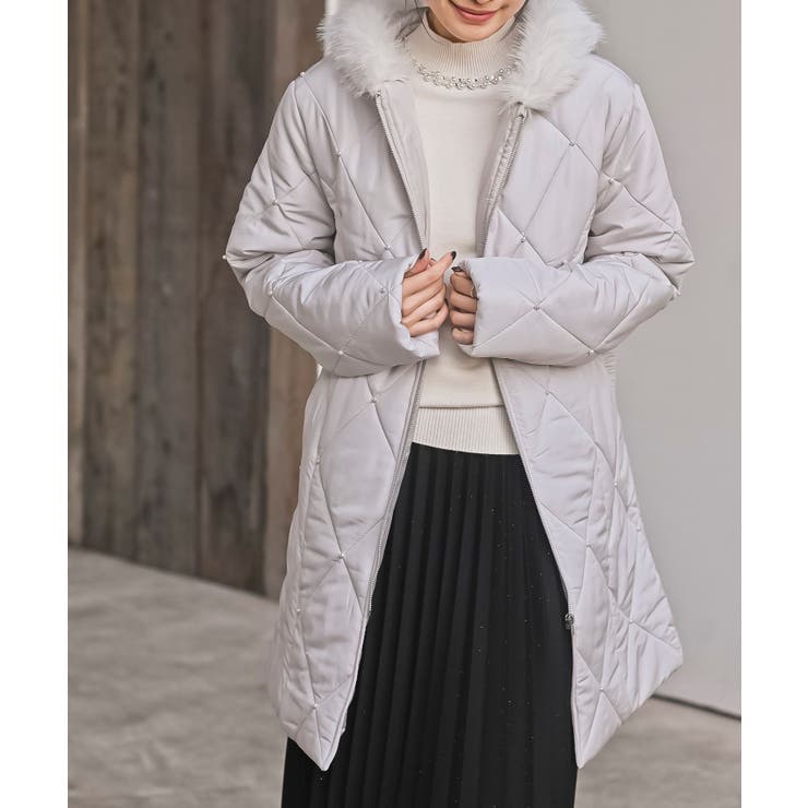 グレージュ | パール付きキルティング中綿コート | rps