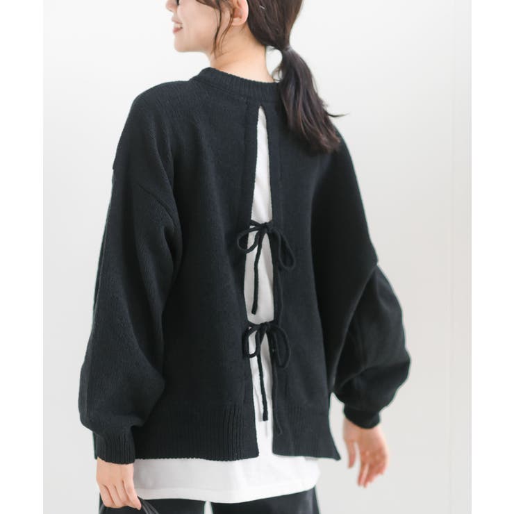 BACKリボン異素材使いワイドニットプルオーバー[品番：RPSW0002033  