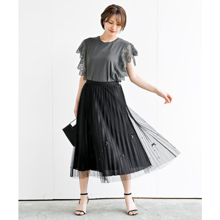 リボン＆パール付きチュールプリーツスカート[品番：RPSW0002556]｜rps