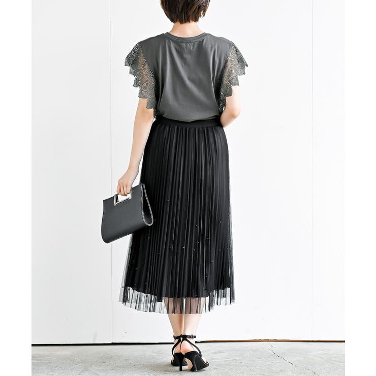 リボン＆パール付きチュールプリーツスカート[品番：RPSW0002556]｜rps