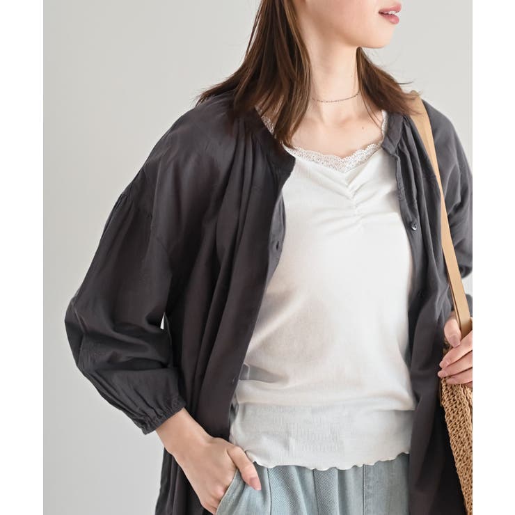 総刺繍バンドカラー9分袖シャツワンピース[品番：RPSW0002506