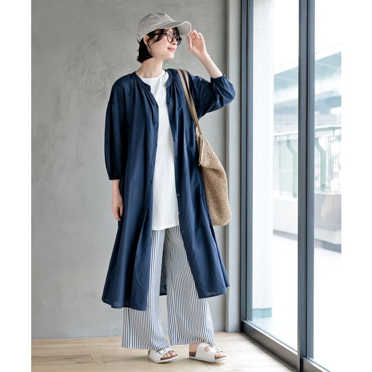 総刺繍バンドカラー9分袖シャツワンピース[品番：RPSW0002506