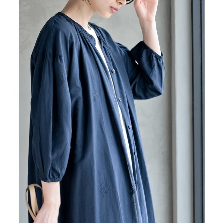 総刺繍バンドカラー9分袖シャツワンピース[品番：RPSW0002506