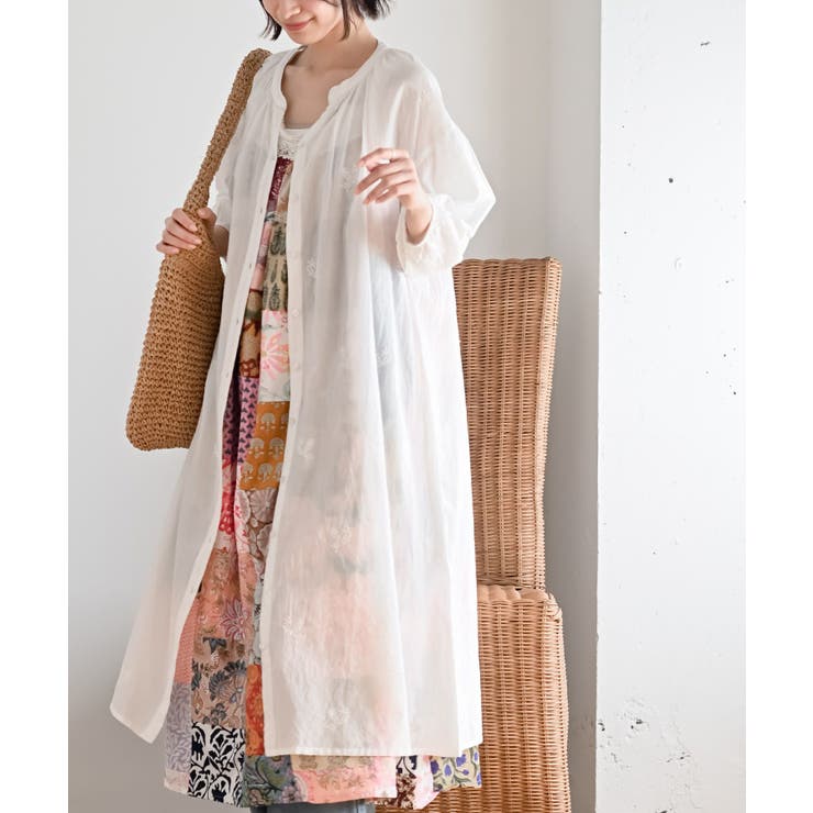 オフホワイト | 総刺繍バンドカラー９分袖シャツワンピース | rps