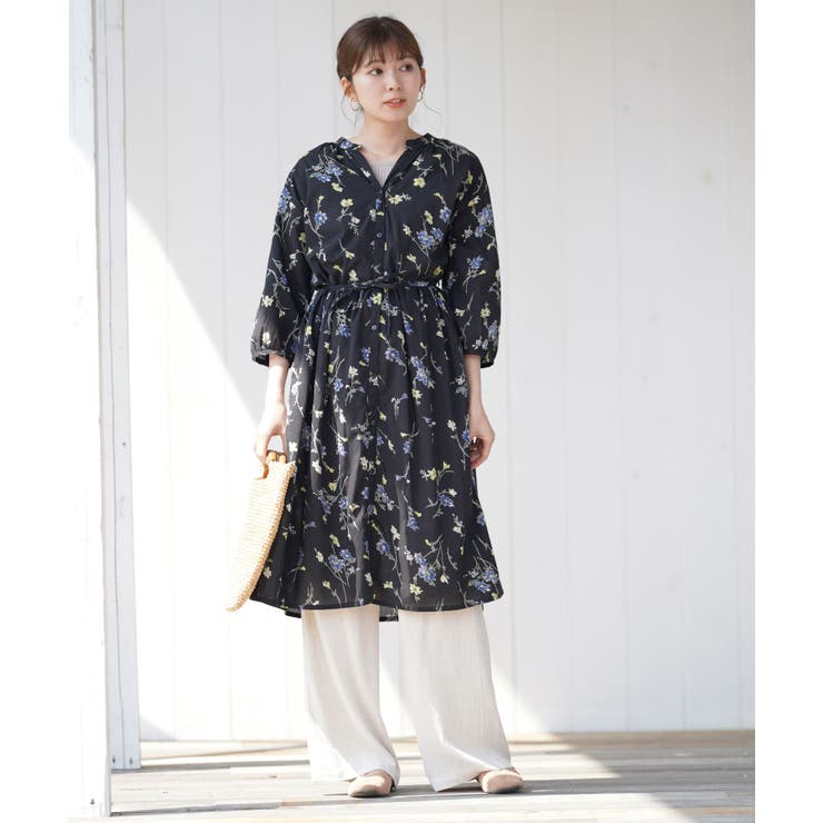 花柄プリントスタンドカラーシャツワンピース[品番：RPSW0000223